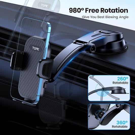 TOPK Car Phone Holder Dashboard Mount 360° Rotation Adjustable Car Stand Phone Bracket For iPhone 15 Samsung Universal Car Mount