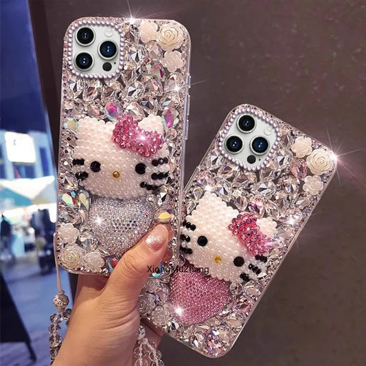 Diamond Rhinestone Hello Kitty Phone Case for Iphone 17 16 15 Pro 14 Pro Max 13 12 11 Sanrio Girls Upscale Luxurious Gift Custom