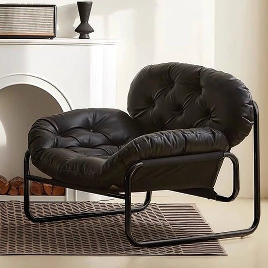 Accent Chair with Ottoman Living Room Bedroom Lounge Reading Armchair Soft Solid Upholstered PU Leather with Black Metal Base