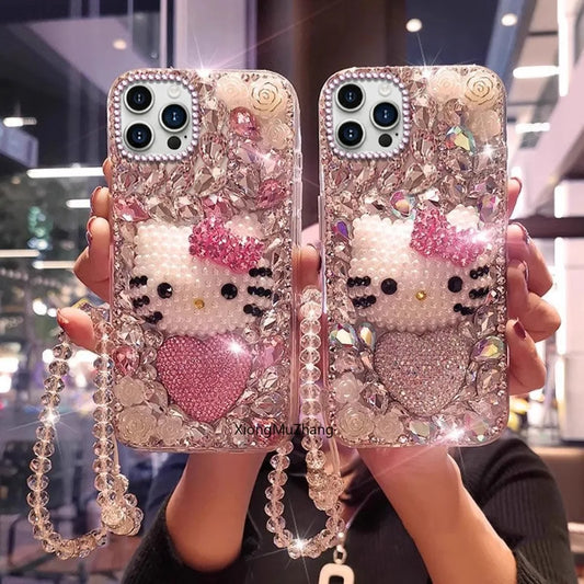 Diamond Rhinestone Hello Kitty Phone Case for Iphone 17 16 15 Pro 14 Pro Max 13 12 11 Sanrio Girls Upscale Luxurious Gift Custom